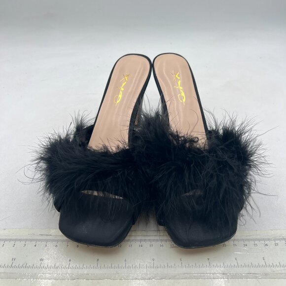 XYD Black Block Heel Mules Faux-fur Open Square Toe High Heel Slides Sandals - Picture 3 of 8